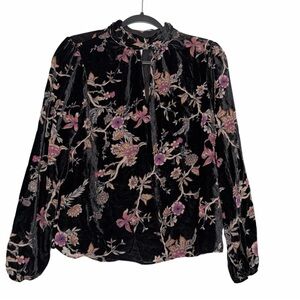 Caché Black Floral Velvet Mock Neck Top Size XS